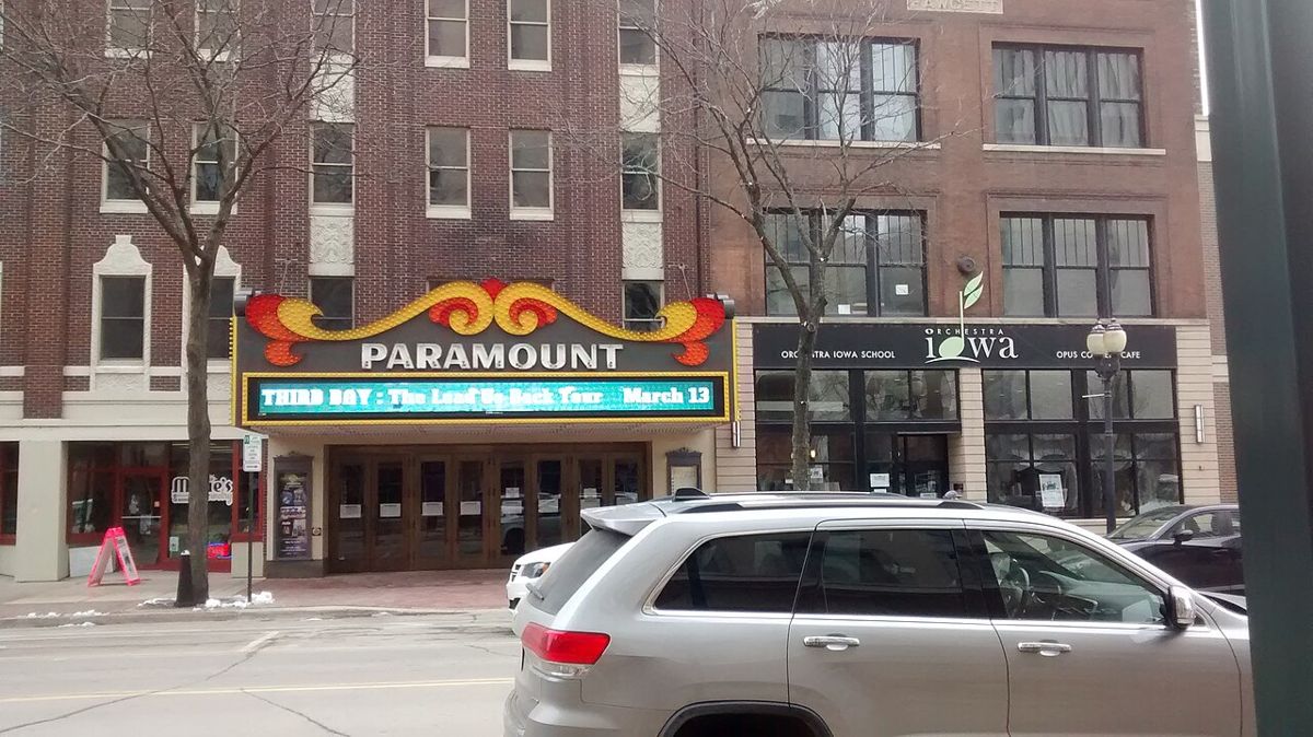 The Paramount Theatre building with its marquee in downtown Cedar Rapids