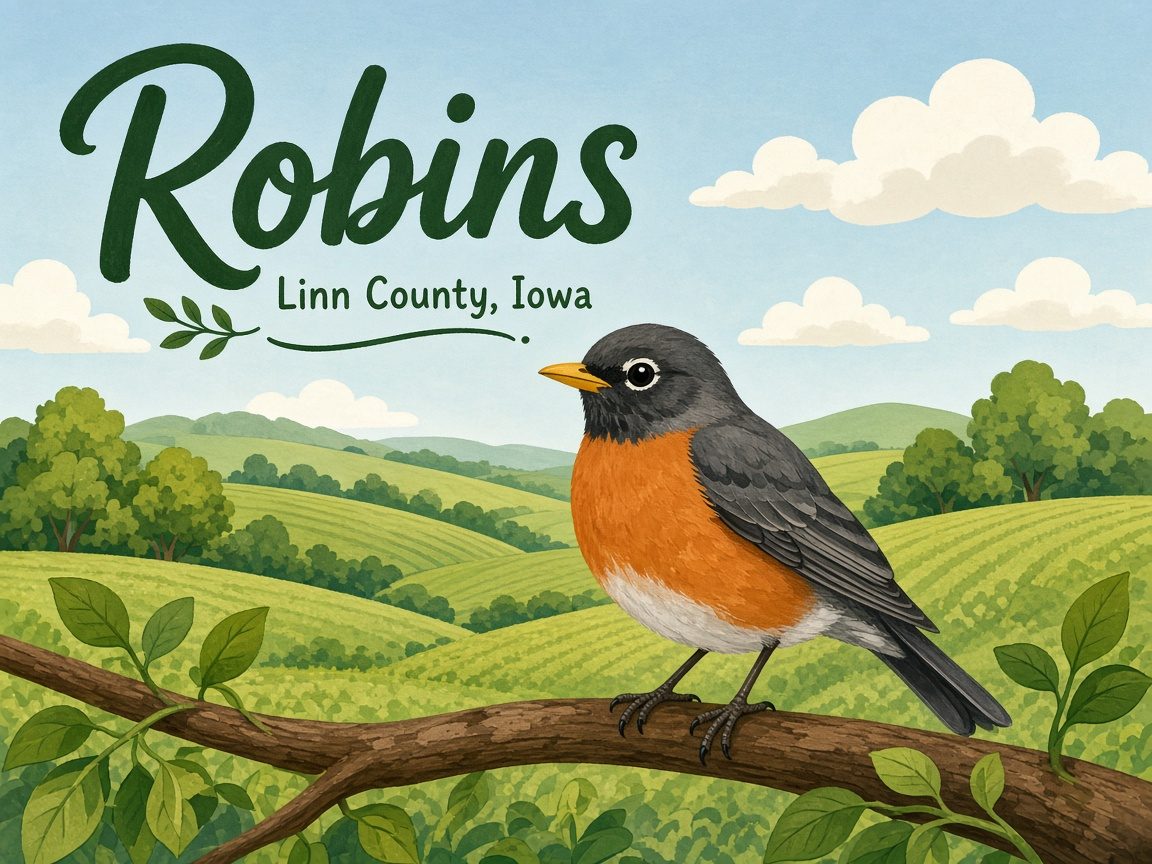 Illustration of a robin on a branch above green Iowa fields, with the word Robins